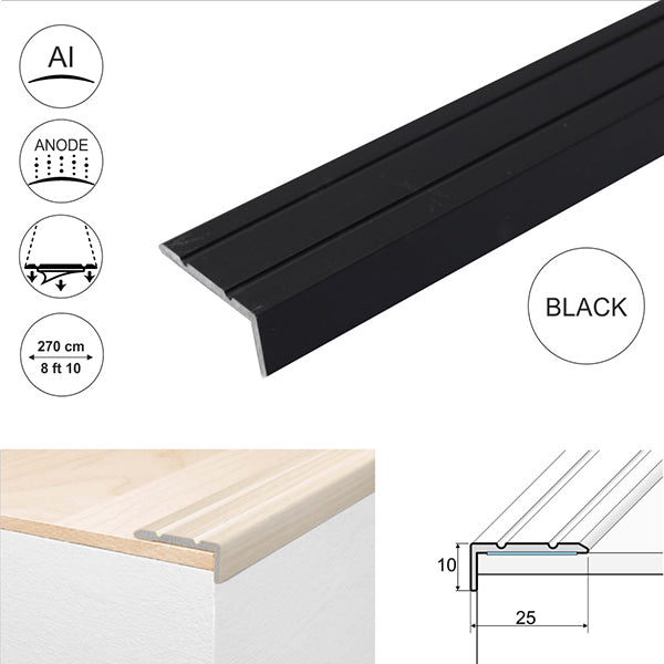 25 x 10mm Aluminium Step Edge Protector – Self Adhesive Anti Slip Stair Nosing