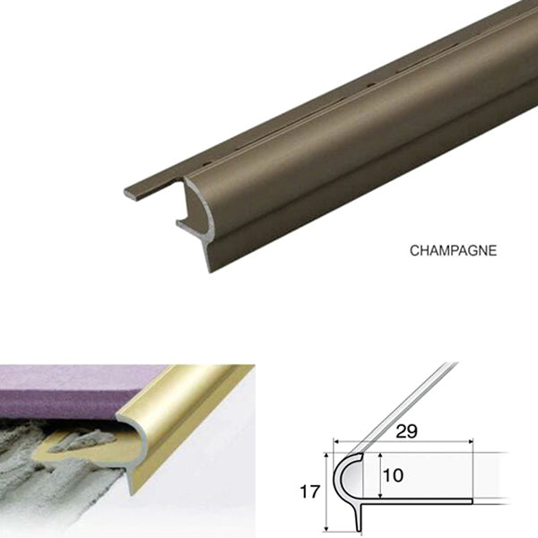 29 x 17 x 10mm Aluminium Stair Nosing – Anti Slip Edge Trim for Tiled Steps