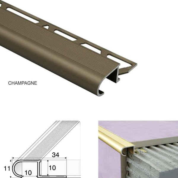 34 x 11 x 10mm Aluminium Anti Slip Stair Nosing – Edge Trim for Tiled Steps