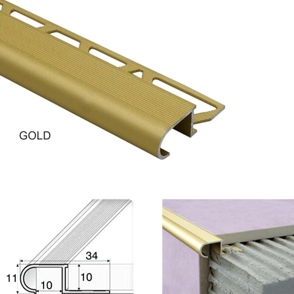 34 x 11 x 10mm Aluminium Anti Slip Stair Nosing – Edge Trim for Tiled Steps