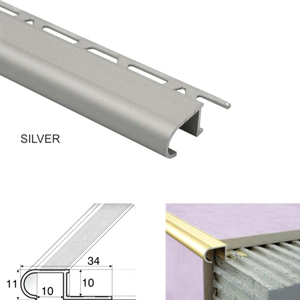 34 x 11 x 10mm Aluminium Anti Slip Stair Nosing – Edge Trim for Tiled Steps