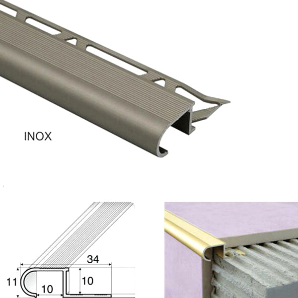 34 x 11 x 10mm Aluminium Anti Slip Stair Nosing – Edge Trim for Tiled Steps