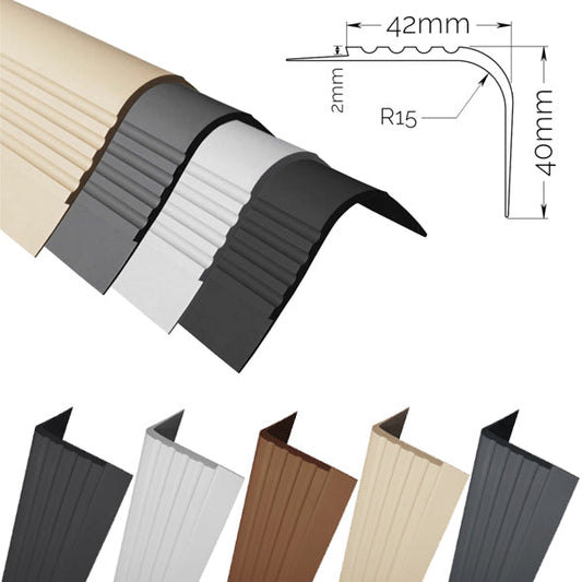 40 x 42mm Bullnose Rubber Stair Nosing – Non Slip Edge Trim with Grooved Grip