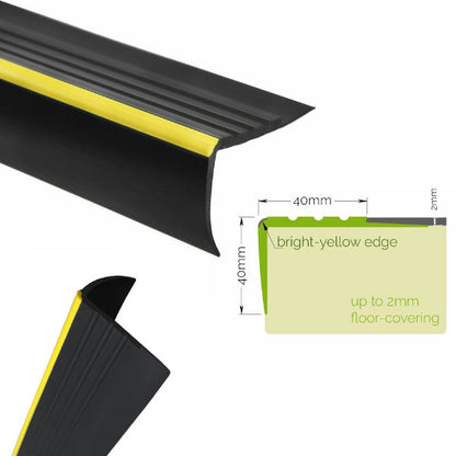 40 x 40mm Rubber Stair Nosing Trim – Non Slip Step Edge with Visual Warning Grip