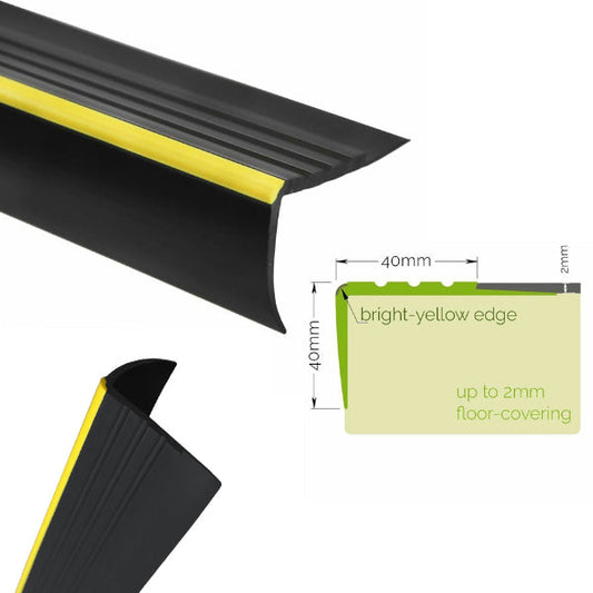 40 x 40mm Rubber Stair Nosing Trim – Non Slip Step Edge with Visual Warning Grip